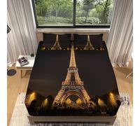 Paris Fitted Sheet Super King, 3D City Night View Bedding Set 3pcs with 2 Pillowcases, Soft Microfiber Deep Pocket 30cm Bed Sheets for Kids Boys Girls Bedroom Decor F-840