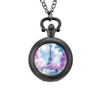 Paris France E-iffel Tower Spring Vintage Pocket Watch with Chain Classic Numerals White Dial