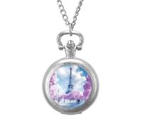 Paris France E-iffel Tower Spring Vintage Pocket Watch with Chain Classic Numerals White Dial