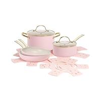Paris Hilton 10-Piece Cookware Set, Aluminium & Ceramic Non-Stick Coating, Induction Safe, Dishwasher Safe, 2 Frying Pans, 2 Cooking Pots with Glass Lids & Pan Protectors, Pink/Cream/Gold