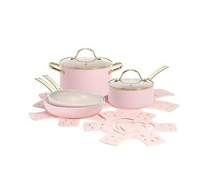 Paris Hilton 10-Piece Cookware Set, Aluminium & Ceramic Non-Stick Coating, Induction Safe, Dishwasher Safe, 2 Frying Pans, 2 Cooking Pots with Glass Lids & Pan Protectors, Pink/Cream/Gold