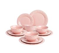 Paris Hilton 12-Piece Dinnerware Set, Embossed Hearts. Iconic Ceramic Stoneware Service for 4 with Dinner Plates, Salad Plates, and Bowls, Microwave & Dishwasher Safe, Pink