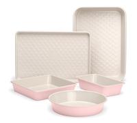Paris Hilton 5 Piece Baking Pan Set, Non-Stick Heart Pattern Bakeware Set with Heavy Carbon Steel, Includes Square Pan, Round Pan, Bread Pan, Casserole and Cookie Sheet, 5 Piece, Pink