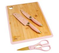 Paris Hilton 6 Piece Knife Set, Stainless Steel, Bamboo Cutting Board, Includes Santoku Knife, Paring Knife, Kitchen Scissors & Reversable Chopping Board, Blade Guards, Glitter Handles, Pink & Gold