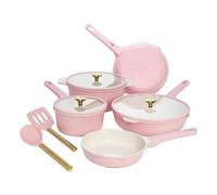 Paris Hilton Ceramic Nonstick Cookware Set, Cast Aluminum with Dual Layer Nonstick Coating, Gold Heart Knobs, Stay-Cool Handles, Made Without PFAS, PFOA, PFOS & PTFE, Dishwasher Safe, 10-Piece, Pink