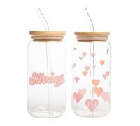 Paris Hilton Glass Tumblers Set with Iconic Decals, Includes Bamboo Lids, Reusable Glass Straws and Cleaning Brushes, Perfect for Iced Coffee, Water, and Cocktails, 2-Piece Set, 17-Ounce