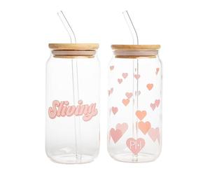 Paris Hilton Glass Tumblers Set with Iconic Decals, Includes Bamboo Lids, Reusable Glass Straws and Cleaning Brushes, Perfect for Iced Coffee, Water, and Cocktails, 2-Piece Set, 17-Ounce