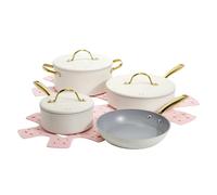 Paris Hilton Iconic Nonstick Pots and Pans Set, Multi-Layer Nonstick Coating, Matching Lids with Gold Handles, Made Without PFOA, Dishwasher Safe Cookware Set, 10-Piece, Cream