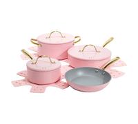Paris Hilton Iconic Nonstick Pots and Pans Set, Multi-Layer Nonstick Coating, Matching Lids with Gold Handles, Made Without PFOA, Dishwasher Safe Cookware Set, 10-Piece, Pink