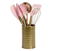 Paris Hilton Kitchen Set Tool Crock with Silicone Cooking Utensils, Stainless Steel Whisk and Ladle, 7-Piece, Pink and Gold