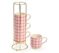 Paris Hilton Stackable Coffee Mug Set with Gold Tone Holder, Gingham Ceramic Stoneware Cups for Coffee, Tea and Latte, Microwave and Dishwasher Safe, 4-Piece, 10oz, Pink
