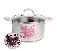 Paris Hilton Stainless Steel Stock Pot with Iconic Color Changing That's Hot Heat Indicator Decal, Features Soft Grip Handles and Measure Marks, 8-Quart, Pink