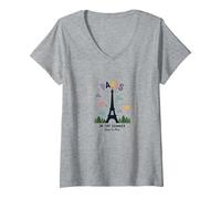 Paris in The Summer Whimsical Eiffel Tower V-Neck T-Shirt, Women, Heather Grey, S