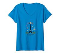Paris in The Summer Whimsical Eiffel Tower V-Neck T-Shirt, Women, Sapphire, S