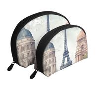 Paris Landmarks Pattern Portable Shell Cosmetic Bag Set - Travel Makeup Organiser with Zipper & Inner Compartments