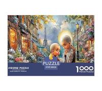 Paris Monk Scene Adult Puzzle for Home: Two Children by Eiffel Tower Educational Game Decompression & Wall Decor 38x26cm/1000pcs