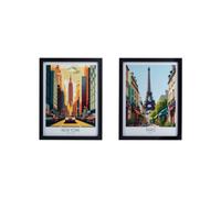 Paris & New York City Multicolour Framed Print (H)43Cm X (W)33Cm, Set Of 2