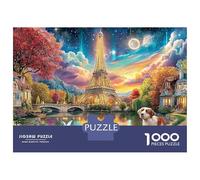 Paris Night Scene 1000 Pieces Cardboard Jigsaw Puzzle Magical Paris Village by A River at Dusk for Family Brain Training Focus Improvement 52x38cm/1000pcs
