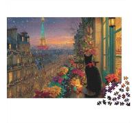 Paris Night View 1000 Piece Game Night Puzzle for Adults Parisian Alley with Black Cat And Eiffel Tower View Premium Sturdy Vibrant Challenging Hard Stress Relief 38x26cm/1000pcs