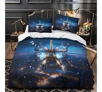Paris night view 3D Digital Print Duvet Cover 3pcs Microfibre Breathable Kids Decor Fantasy butterfly design Comforter Cover 2 Matching Pillowcases Zipper Closure Bedding Kids & Girls (135x200cm)
