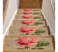 Paris Pink Rose on Vintage Newpaper (1) Carpet Stair Treads Non Slip 15PCS, 8" X 30" Stair Runner for Wooden Steps Indoor, Resistant Stair Rug with Reusable, Residue Free Mat for Elders, Pets