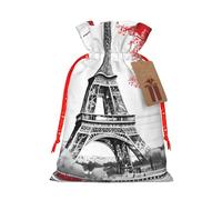(Paris) Print Christmas New Year Candy Gift Bag, Red Xmas Ribbon Drawstring Bags for Kids Xmas Holiday Eve Presents S Size