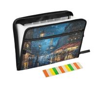 Paris Rainy Night Accordion File Organizer Portable Expanding File Folder with Safe Zipper & Colorful Labels for Important Document Storage A4 Papers Receipt Letter