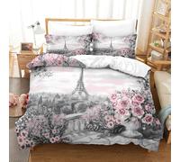 Paris Skyline-Romantic Rose Garden 3Pcs Bedding Set Printed Quilt Cover,3D Duvet Cover for Boys Adult, Microfibre, with Pillowcases Easy Care Microfiber Comforter Cover Hidden Zipper King（220x240cm）