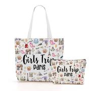 Paris Souvenirs France Paris Lover Gifts Girls Trip Gifts Favors Canvas Tote Bag Shopping Weekender Bags for Women Sister Bridesmaid Christmas Birthday Reusable Grocery Bag with Pocket & Makeup Bag