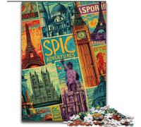 Paris Stamp Collage Adult Jigsaws 1000 Pieces Difficult, Educational Games DIY Toys with Matching Poster And Trivia Sheet for Age 14+ (50x75cm)