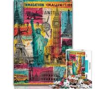 Paris Stamp Collage Jigsaw Puzzles for Adults,Help The Brain Exercise Addictive Toys to Cultivate Patience Parent-child Interaction 38x26cm