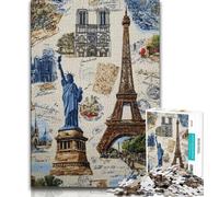 Paris Stamp Collage Jigsaw Puzzles for Teenagers 1000 Jigsaws,Help The Brain Exercise Addictive Toys to Cultivate Patience Unique Challenge Game 38x26cm