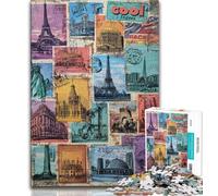 Paris Stamp Collage Puzzles for Teenagers 1000 Pieces,Challenging To Complete But Fun And Humorous with Matching Poster And Trivia Sheet (38x26cm)