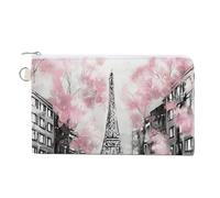 Paris Street Eiffel Tower Pink Floral Coin Purse Lightweight Change Purse Mini Zipper Tool Bag Canvas Coin Wallets,Women Men
