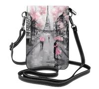 Paris Street Eiffel Tower Pink Floral Genuine Leather Crossbody Phone Bag