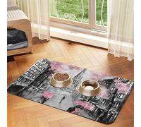Paris Street Eiffel Tower Pink Floral Patterned Pet Feeding Mat with Water-Absorbing PU Top & Rubber Base - Anti-Slip Dog Cat Food Mat for Cats, Dogs & Pets, 30x45cm