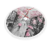 Paris Street Eiffel Tower Pink Floral Print Christmas Tree Skirt Perfect For Christmas, New Year Seasonal Celebrations