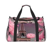 Paris Street Eiffel Tower Pink Floral Print Functional Travel Tote Ample Space Travel Bag Foldable Carry On Tote for Weekender