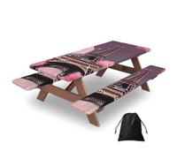 Paris Street Eiffel Tower Pink Floral Print Picnic Table Bench Cover Outdoor Waterproof Protector For Summer Camping