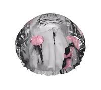 Paris Street Eiffel Tower Pink Floral Print Shower Cap - Reusable, Double Layer, Hotel Travel Essentials, Salon Shower Hat Accessories L