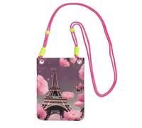 Paris Street Eiffel Tower Pink Floral Print Sling Bag For Men Women, Casual Mini Phone Purses, Anti-Theft Phone Bag, For Hiking Travel, Fuchusia, One Size