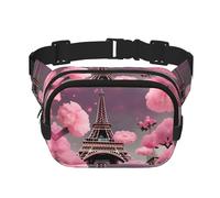 Paris Street Eiffel Tower Pink Floral Print Square Waist Purse Double Layer Fanny BagTrendy Travel Waist Bag for Men and Women, Black, One Size