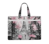 Paris Street Eiffel Tower Pink Floral Printed Document Bag Teacher Canvas File Tote Bag Pouch for Work, Casual Handbag for Office School Travel Beach