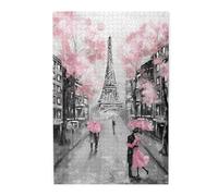 Paris Street Eiffel Tower Pink Floral Printed Wooden Puzzle 1000 Piece, Cute Puzzle Game in Plastic Box for Family Entertainment and Brain Training Gifts