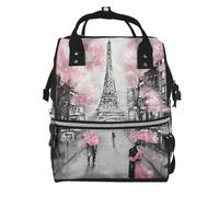 Paris Street Eiffel Tower Pink Floral Prints Changing Bag Backpack Baby Diaper Bags for Mom Dad, Waterproof Nappy Rucksack Multifunctional Travel Bag