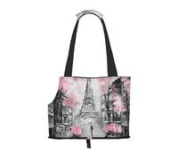 "Paris Street Eiffel Tower Pink Floral Prints Small Dog Carrier Bag, Portable Cat Carrier Handbag, Foldable Pet Carrier Bag, Personalized Pattern Design"