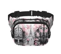 Paris Street Eiffel Tower Pink Floral Square Double Layer Waist Bag Belt - Unisex Everywhere Fanny Pack Purse for Running, Travel, Hiking, Fitness, Black, One Size