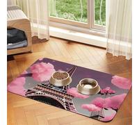 Paris Street Eiffel Tower Pinks Floral Print Pet Food Mat Absorbent Non Slip PU Leather Feeding Mat for Dogs Cats Rubber Bottom