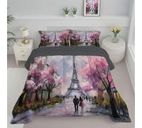 Paris Street Painting Coverless Duvet Set with 2 Pillowcases, Super King Reversible Duvet All Seasons with Romantic Eiffel Tower Pattern, Lightweight and Warm Down Alternative, 240x260cm, Light Pink