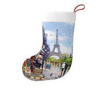Paris Street Scene Eiffel Tower Christmas Stocking 17.7", Festive Hanging Sock for Fireplace Mantel, Holiday Decorations